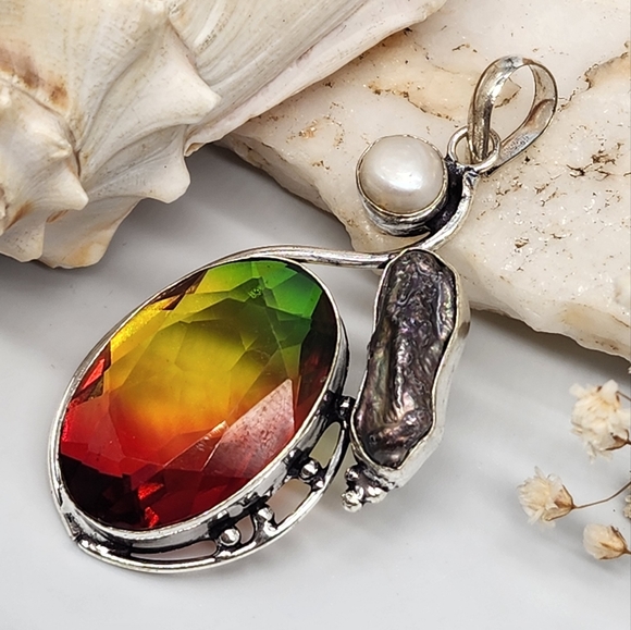Red/Green Ametrin black Tahitian Pearl Stone Silver 925 Pendant - Picture 1 of 10